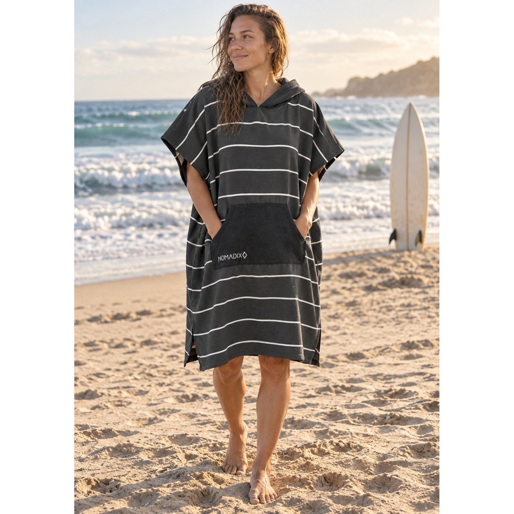 N0 Striped Charcoal Grey Hooded Towel Surf Robe Unisex
